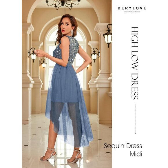 BeryLove Women Tulle Sequin Grey Chiffon Scoop Neck Sleeveless Cocktail Dresses - Picture 4 of 7